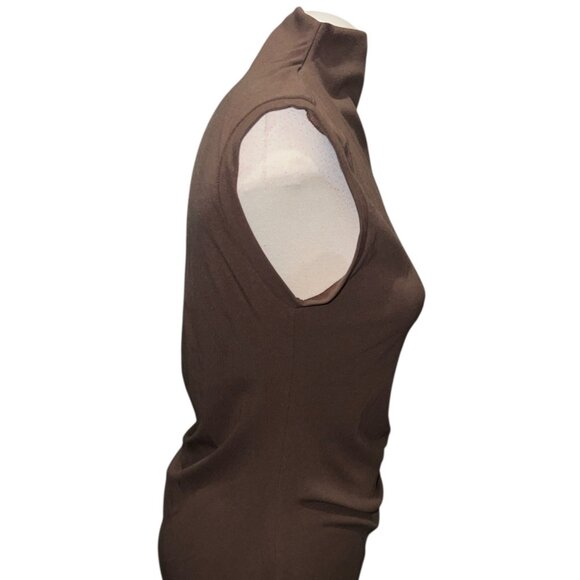 OGL Mockneck Tucks Midi Dress Sz Medium Womens Brown Sleeveless Stretchy Ruched - Picture 13 of 16